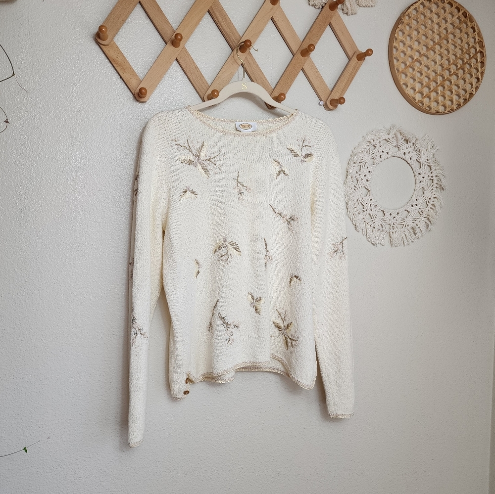 Talbots Vintage Embroidered Floral Cream Sweater Long Sleeve Classic Women's L